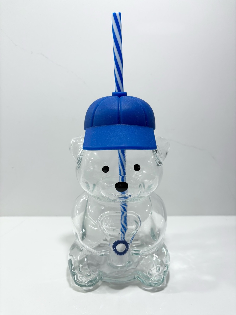 Starbucks Dupe ! Bear Shaped Clear Glass Tumbler 16.9oz BLUE Cap & Striped Straw